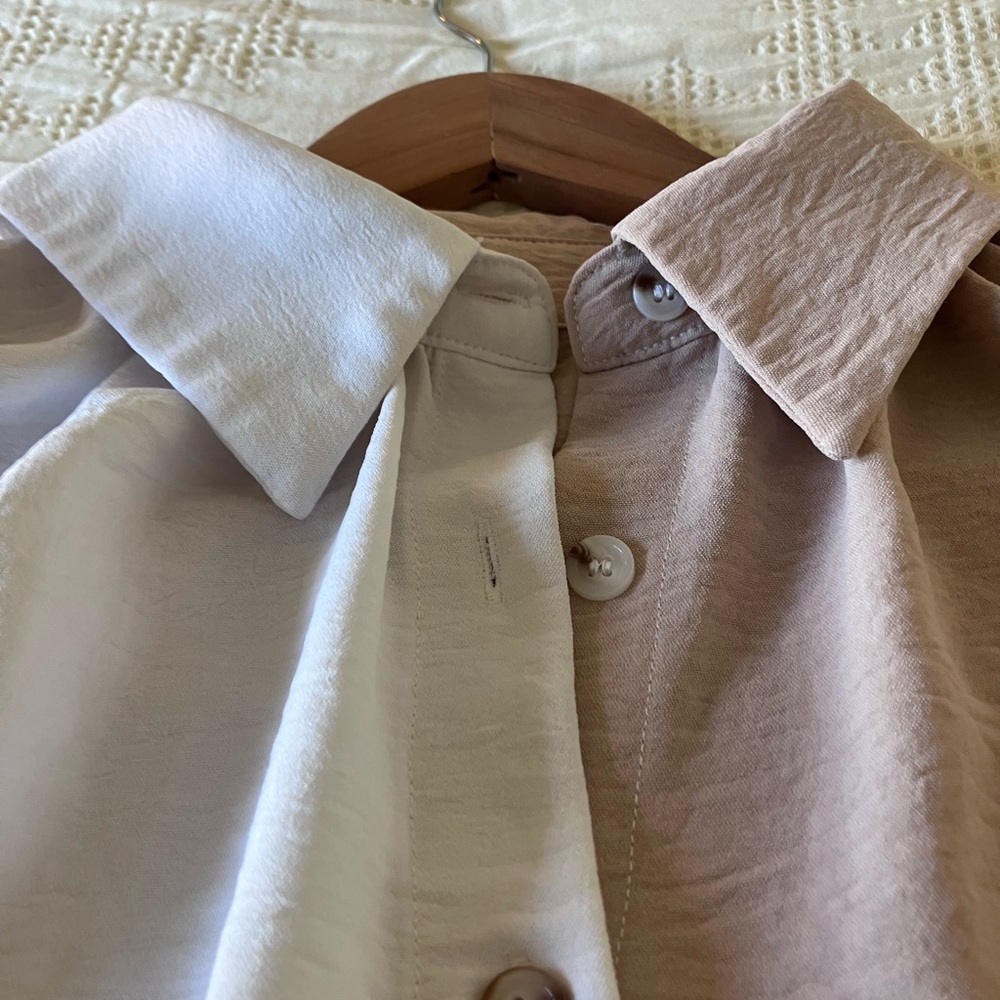 SHEIN White and Tan Color-block Dolman Short Sleeve Button Down Size L (L-XXL) - Picture 7 of 12